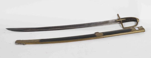 Sword with copper mounting and one branch of guard with pearled edge. Blade with hollow sides, entirely engraved. Leather scabbard, copper trim.