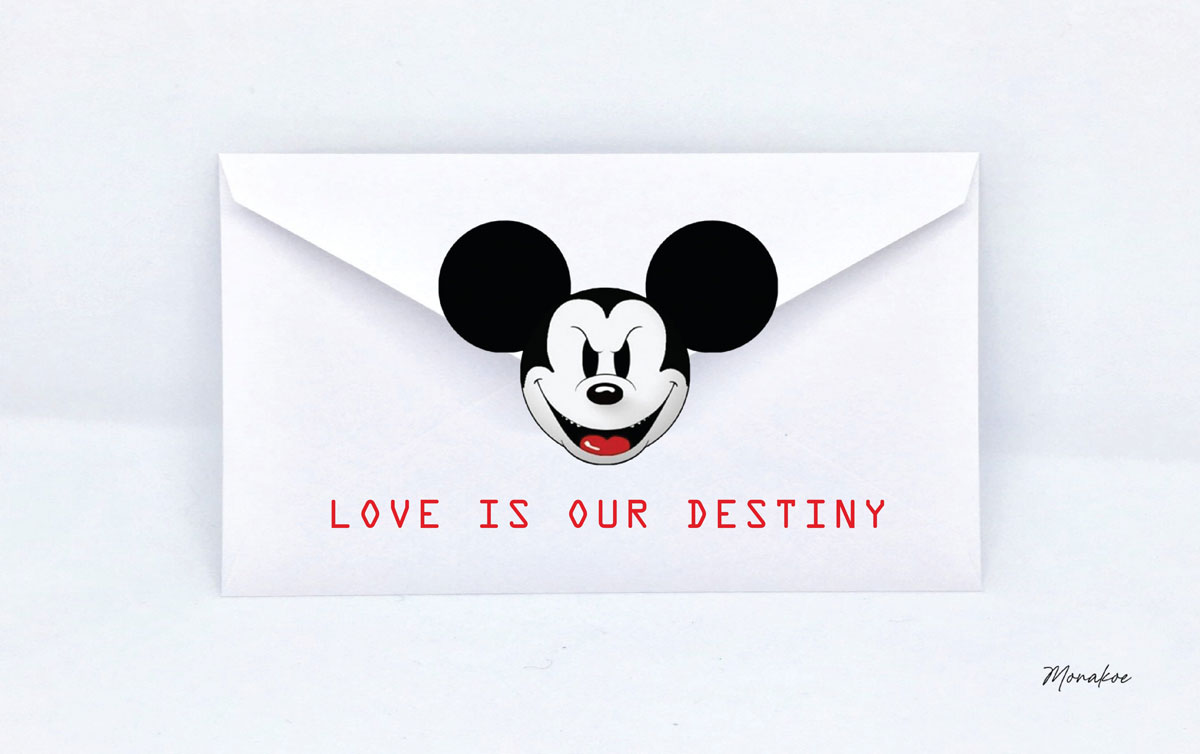 Enveloppe Mickey Bad, Love is your destiny, Monakoe, imprimé sur Papier Beaux Arts contrecollé, Cadre Noir, 10 exemplaires, Dimension 36 x 57,5cm