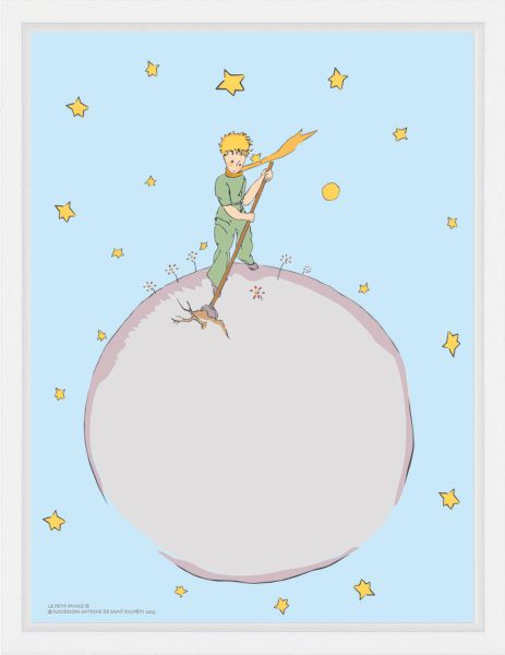 Antoine de Saint-Exupéry - The Little Prince and the Shovel, Plexi Acrylic Glass print, delivered in an American box 60X80cm, framed in a white American box. From the original watercolor of Antoine de Saint-Exupéry for his book 