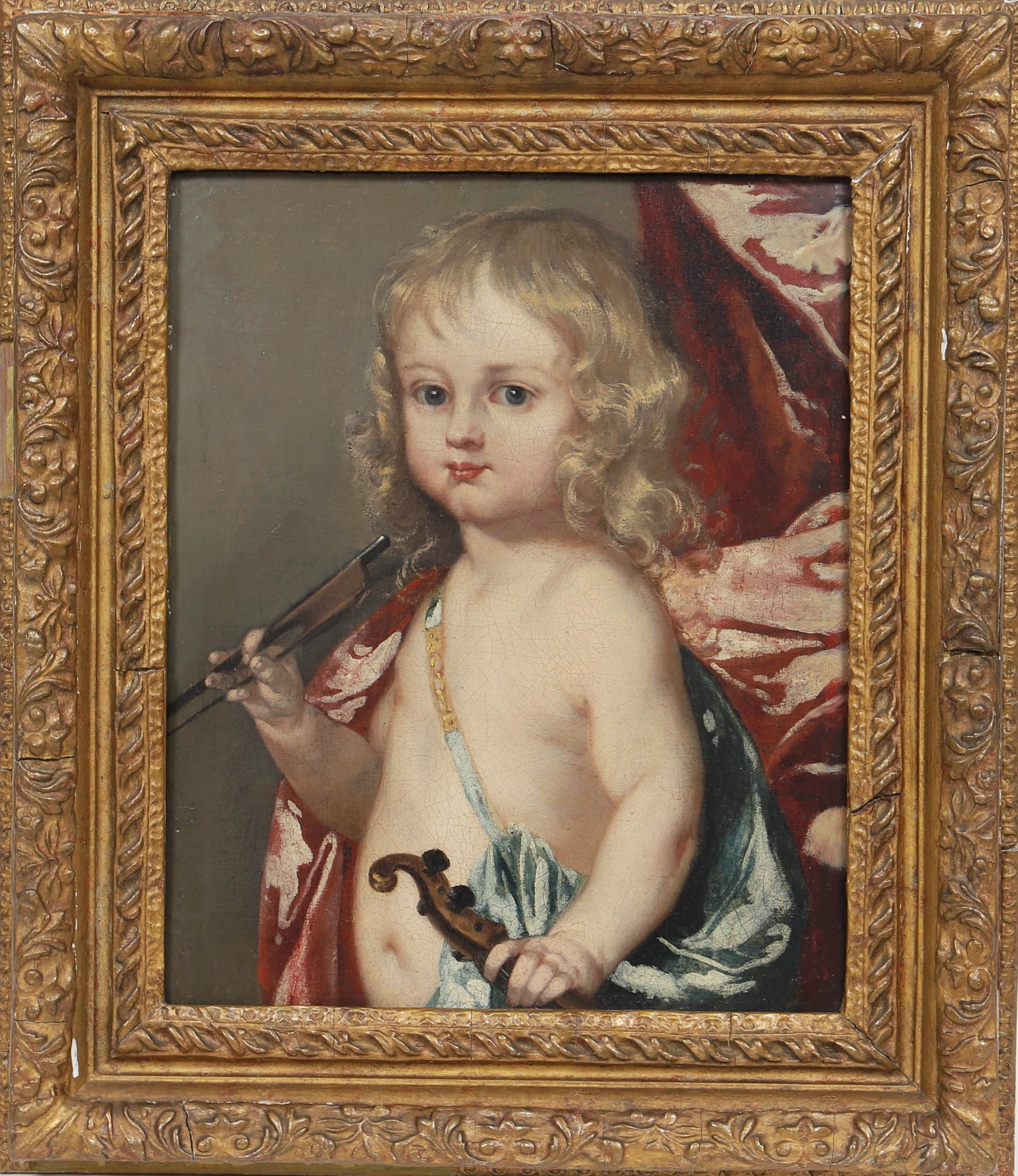 Adorable peinture à l’huile sur toile représentant un enfant violoniste. 