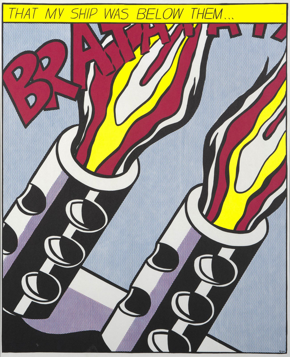 Opened Fire, Print d'après Roy Lichtenstein, épreuve en couleur, signé sur papier Arches dans la planche, cachet de l'éditeur numéroté sur 150, encadré avec certificat de l'éditeur, 28x38cm