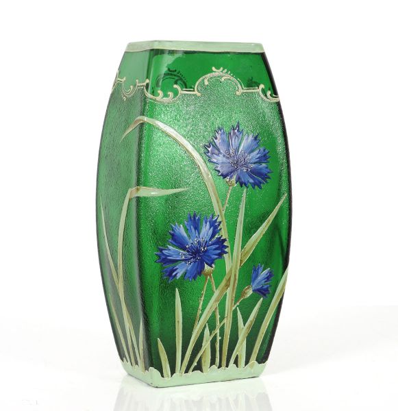 Vase decorated with enameled cornflowers on a granite background. 