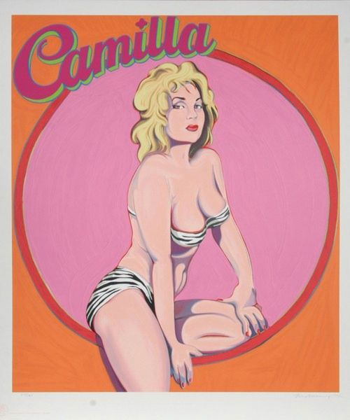 Camilla, Print after Mel Ramos, proof in color, signed on Arches paper in the plate, stamp of the publisher numbered on 150, framed with certificate of the publisher, 28x38cm