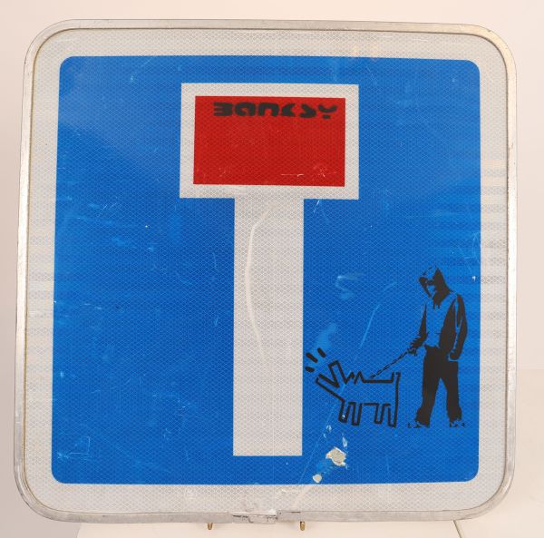 Banksy & Keith Haring (after) - Stencil print on road sign - Dead end street.