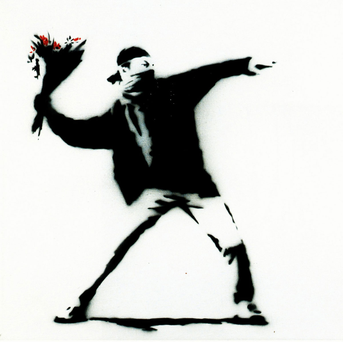 Flower Chucker, Print d'après Banksy (after), Flower Chucker, épreuve en couleur, signé sur papier Arches dans la planche, cachet de l'éditeur numéroté sur 150, encadré avec certificat de l'éditeur, 27x27cm