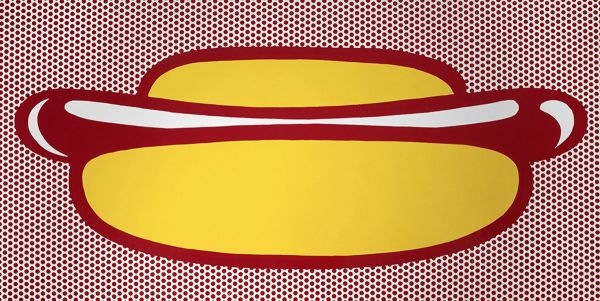 Hot Dog, Print d'après Roy Lichtenstein, épreuve en couleur, signé sur papier Arches dans la planche, cachet de l'éditeur numéroté sur 150, encadré avec certificat de l'éditeur, 28x38cm