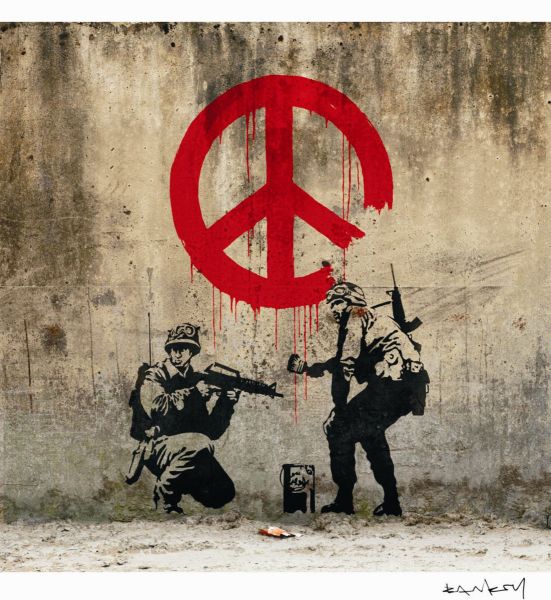 Peace, Print d'après Banksy (after), épreuve en couleur, signé sur papier Arches dans la planche, cachet de l'éditeur numéroté sur 150, encadré avec certificat de l'éditeur, 28x38cm