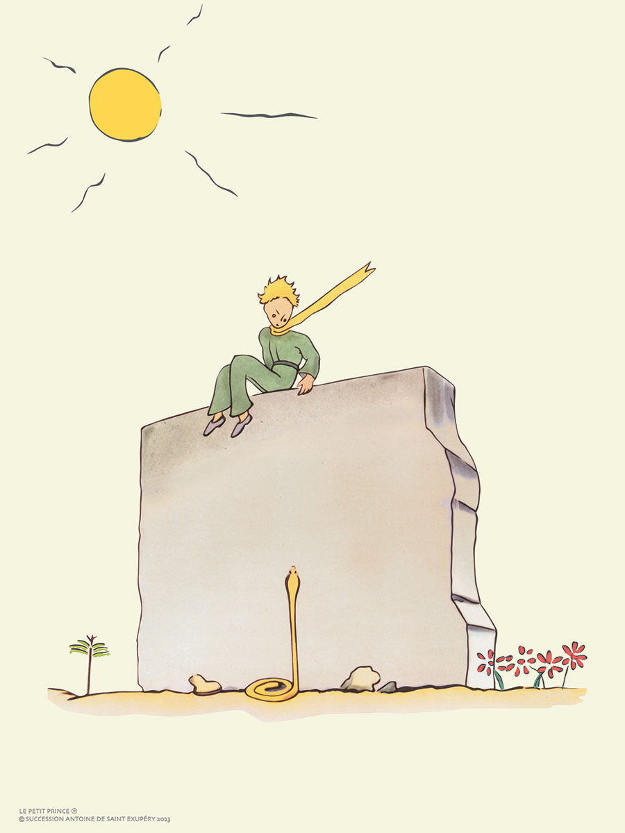 Antoine de Saint-Exupéry - Le Petit Prince sur le mur. Lithographie en couleurs sur papier arches 300g. D’après l'aquarelle originale d’Antoine de Saint-Exupéry pour son livre 