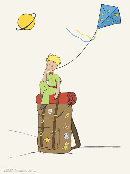 Antoine de Saint-Exupéry - Le Petit Prince et le sac à dos. Lithographie en couleurs sur papier arches 300g. D’après l'aquarelle originale d’Antoine de Saint-Exupéry pour son livre 