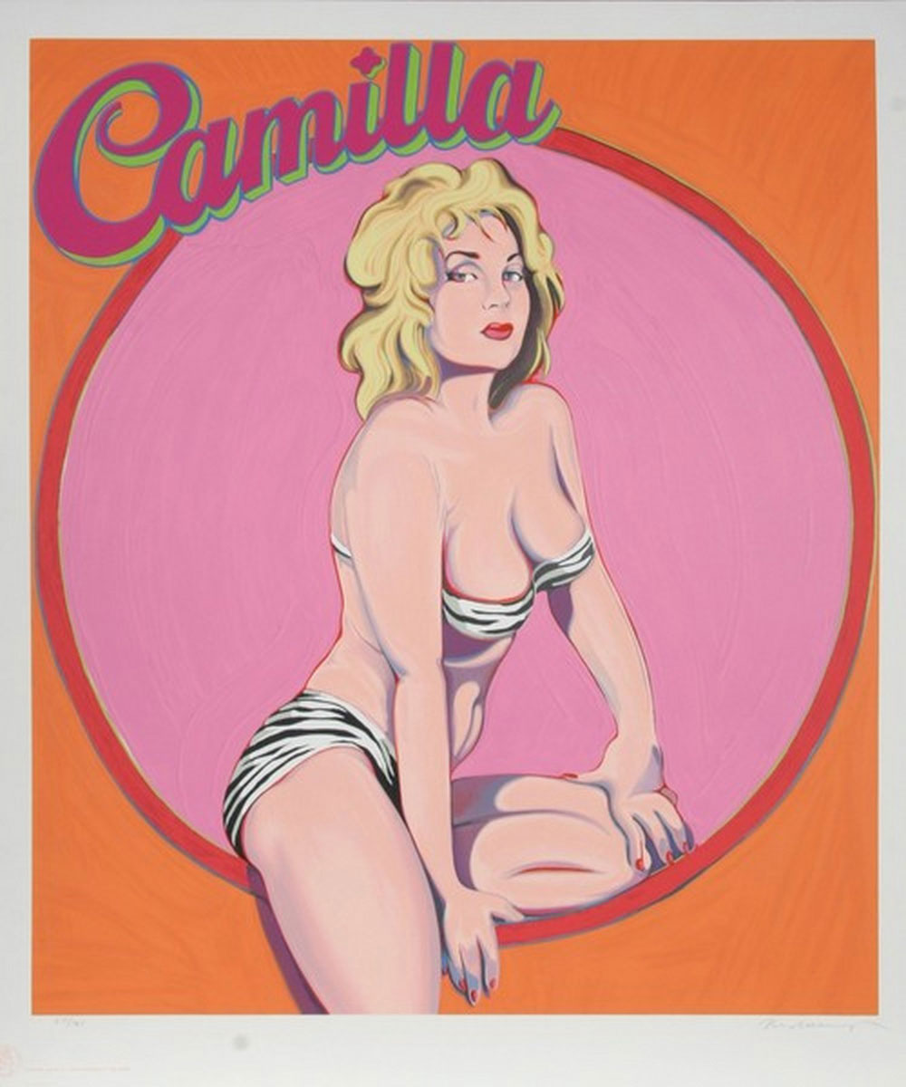 Camilla, Print d'après Mel Ramos, épreuve en couleur, signé sur papier Arches dans la planche, cachet de l'éditeur numéroté sur 150, encadré avec certificat de l'éditeur, 28x38cm