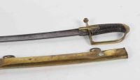 Light cavalry saber. Brass mounting with a branch. Rectangular mounts. Leather fuse. Scabbard with 2 rings, brass. Blade with hollow sides. 