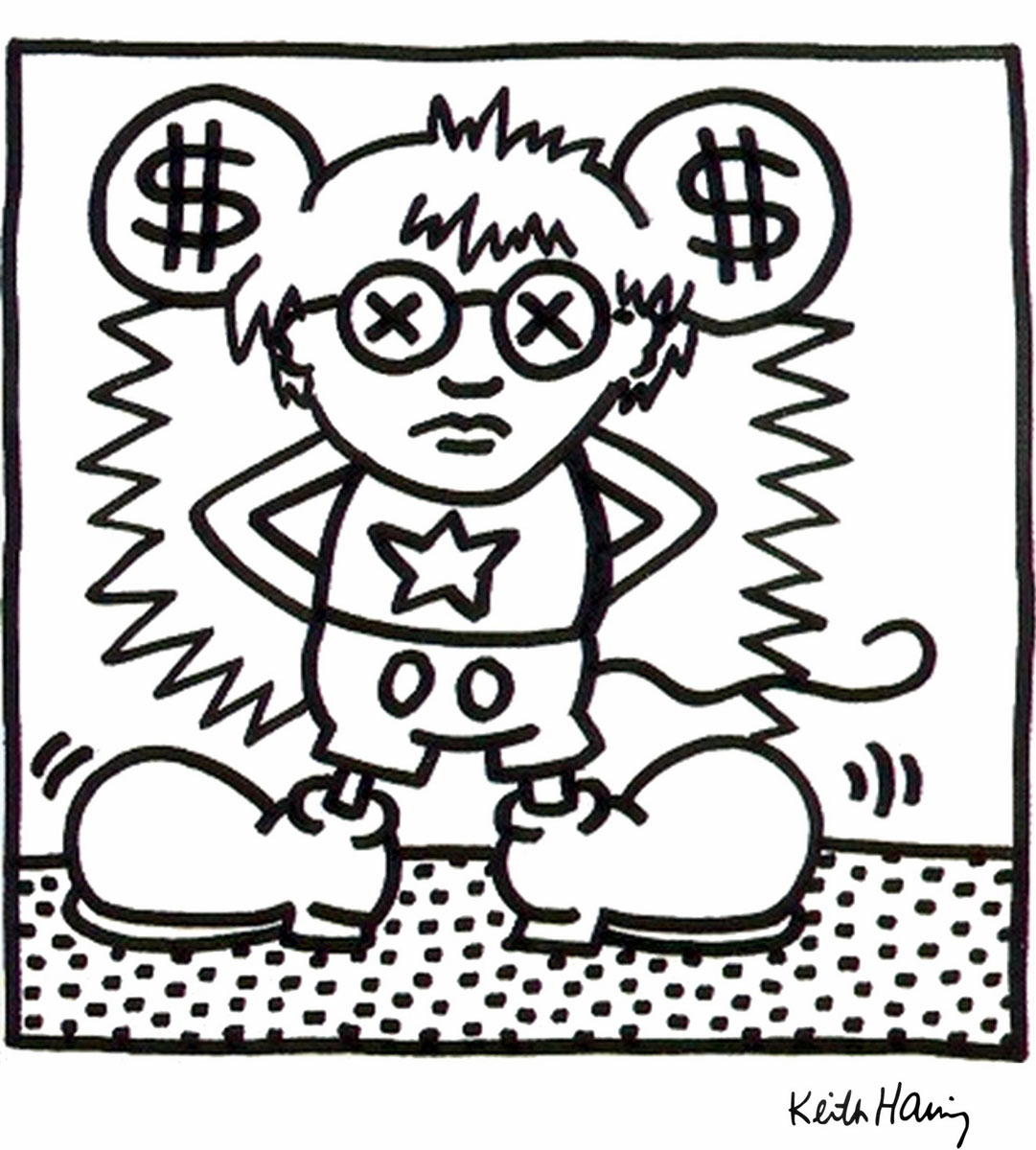 Andy Mouse black and white (1988), Print after Keith Haring, color proof, signed on Arches paper in the plate, publisher's stamp numbered on 150, framed with publisher's certificate, 28x38cm