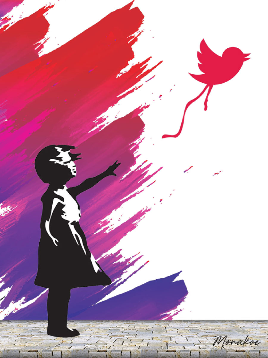 Twitter Balloon Girl, inspriré du personnage de Banksy, Monakoe, Finition verre acrylique print, encadré en caisse Américaine, 6 exemplaires, Dimension 60 x 80 cm