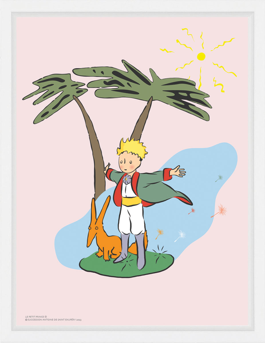 Antoine de Saint-Exupéry - The Little Prince under the Palm Trees, Plexi Acrylic Glass print, delivered in an American box, size 60X80cm, delivered framed in a white American box. Based on the original watercolor by Antoine de Saint-Exupéry for his book 