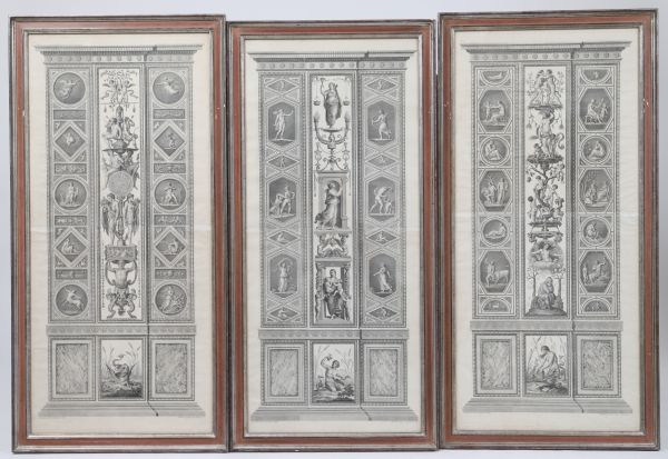 Gravures d'après Ludovicus Tesco Taurinensis, séries de trois fresques représentant les loges de Raphaël au Vatican. Encadrées sous verre