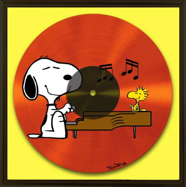 Brainroy painting representing an impression of a 33 rpm record, after Snoopy, printed on Dibond pasted in relief on acrylic glass, American case, 36cmx36cm, edited in 6 copies with certificate