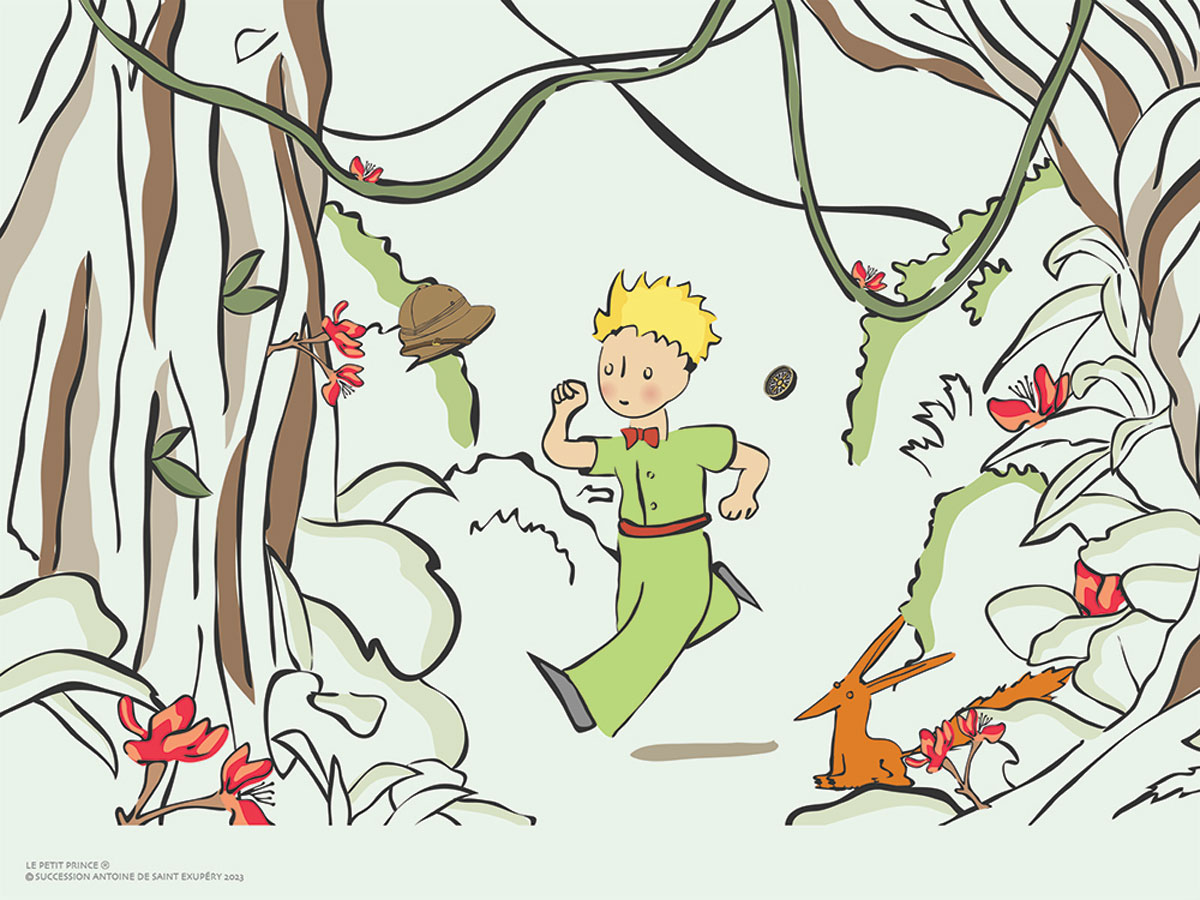 Antoine de Saint-Exupéry - Le Petit Prince dans la jungle. Lithographie en couleurs sur papier arches 300g. D’après l'aquarelle originale d’Antoine de Saint-Exupéry pour son livre 