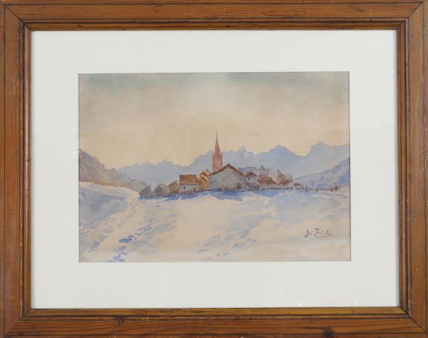 Rare aquarelle représentant une vue enneigée