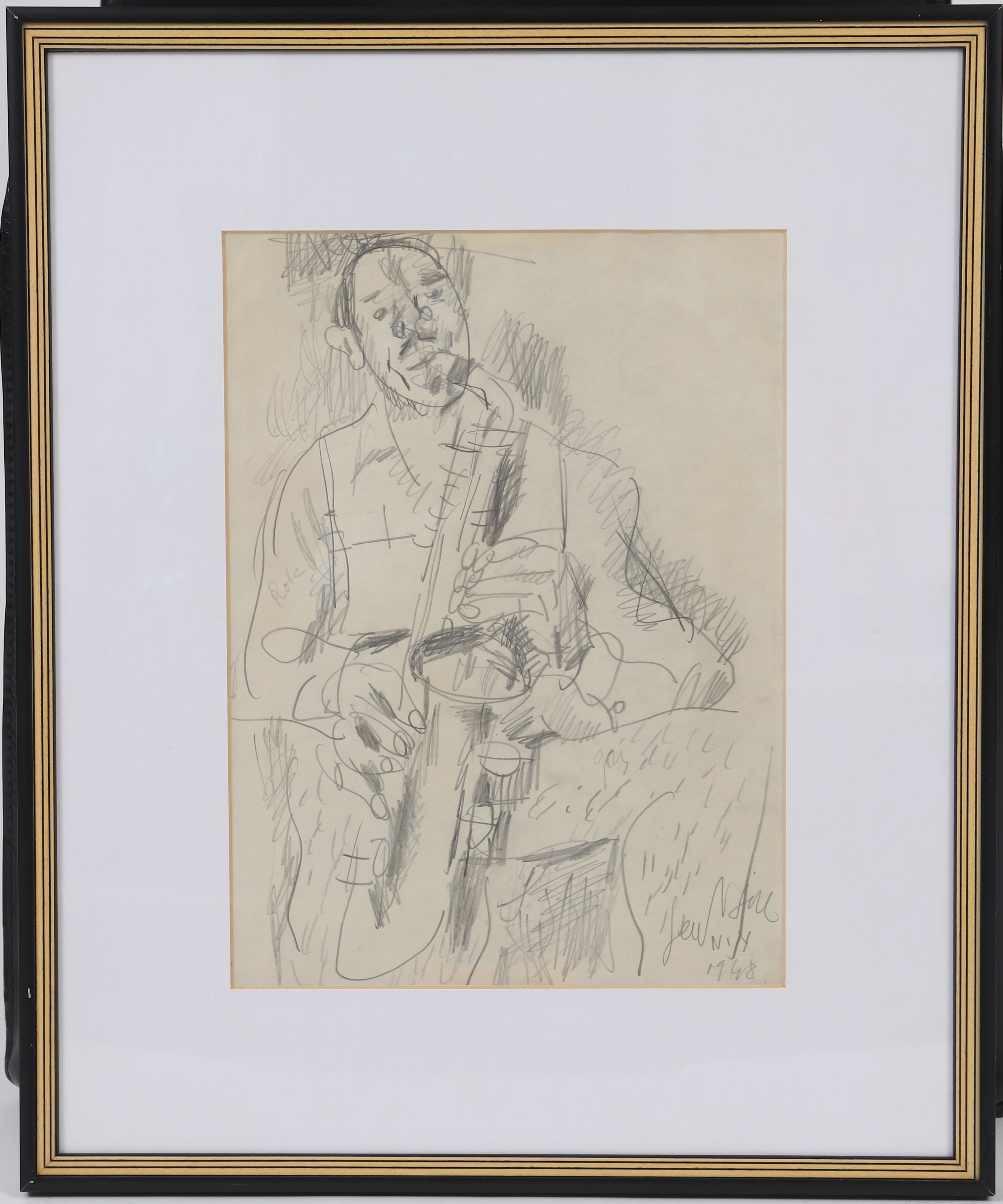 Le saxophoniste Dessin au crayon sur papier, signé et daté 1948.