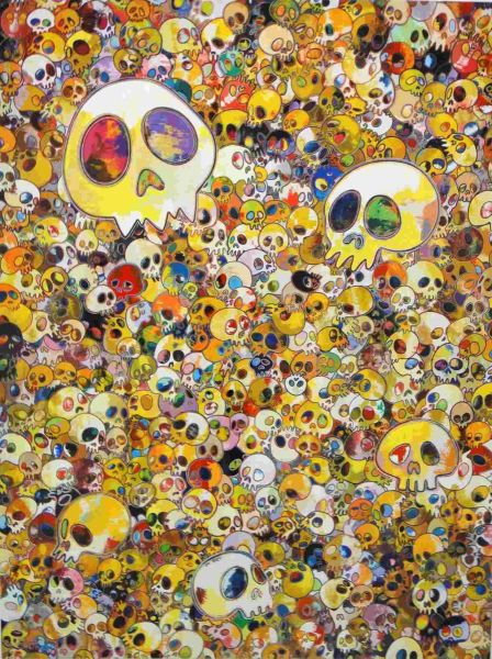 Skulls, Print d'après Takashi Murakami, épreuve en couleur, signé sur papier Arches dans la planche, cachet de l'éditeur numéroté sur 150, encadré avec certificat de l'éditeur, 28x38cm