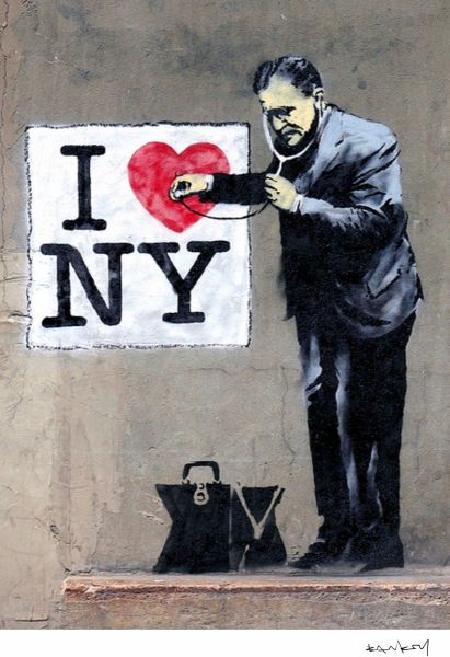 I love NY, print d'après Banksy (after), épreuve en couleur, signé sur papier Arches dans la planche, cachet de l'éditeur numéroté sur 150, encadré avec certificat de l'éditeur, 28x38cm