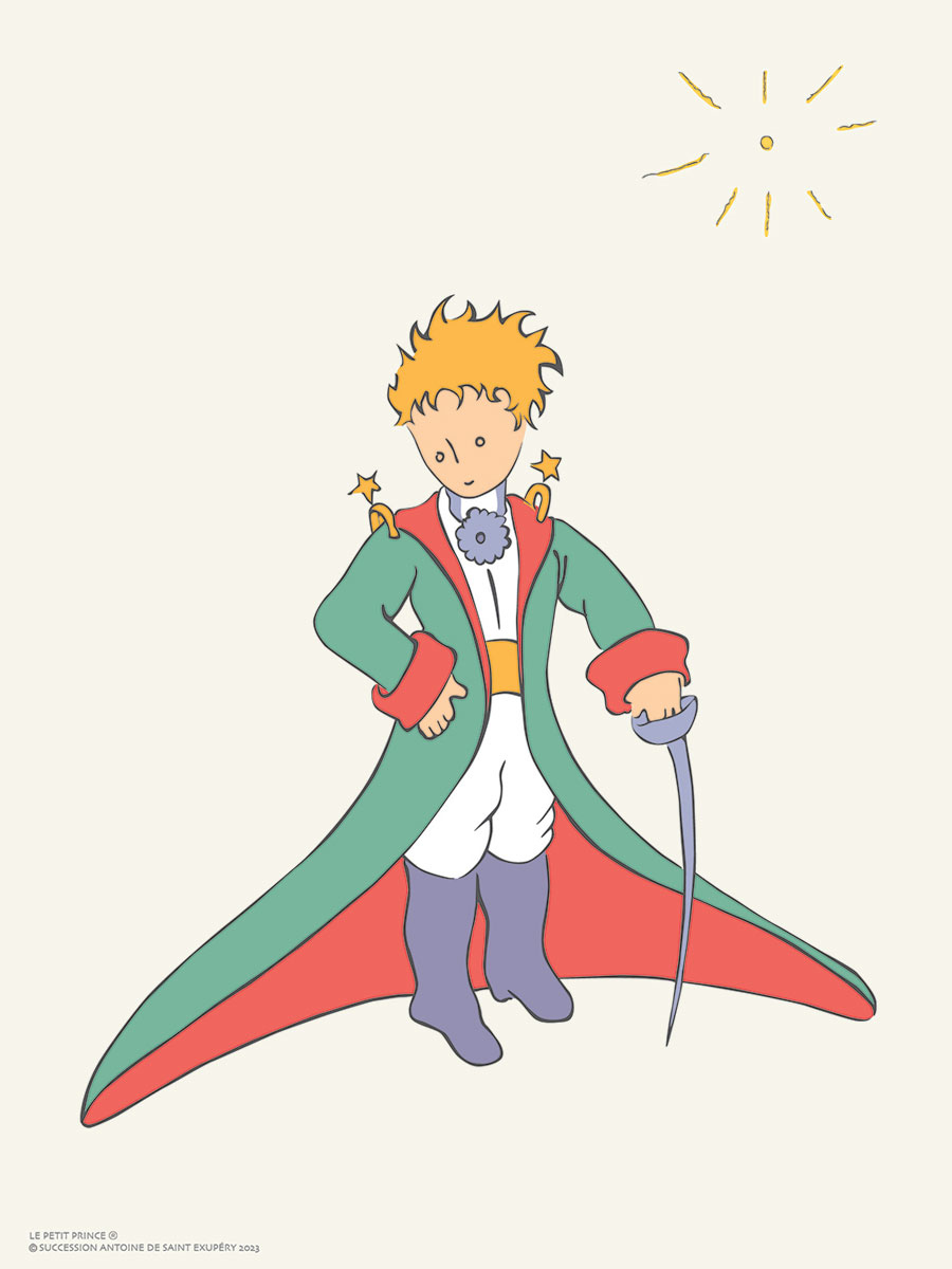 Antoine de Saint-Exupéry - Le Petit Prince en tenue. Lithographie en couleurs sur papier arches 300g. D’après l'aquarelle originale d’Antoine de Saint-Exupéry pour son livre 