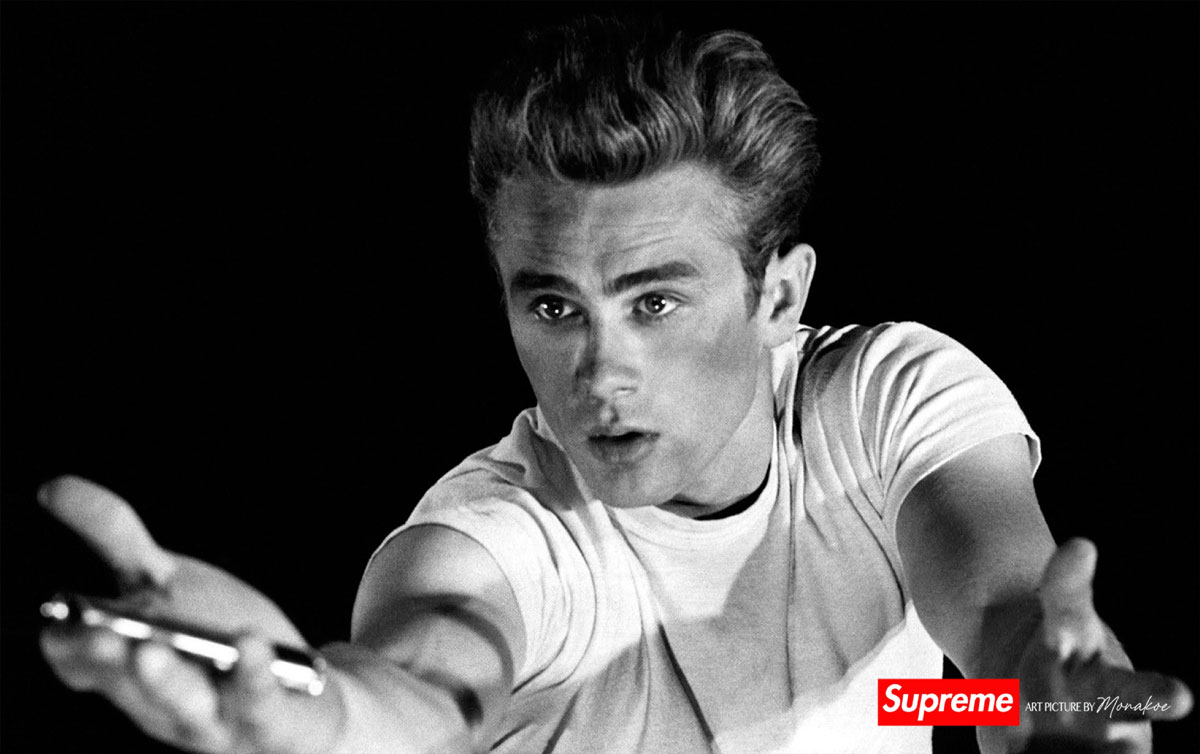 James Dean, Supreme by Monakoe, Photo imprimée sur papier brillant, Finition argentique, encadré encadré, Taille photo 44,5x28, Taille cadre 54,5x38 cm (passe partout blanc), édité en 5 exemplaires