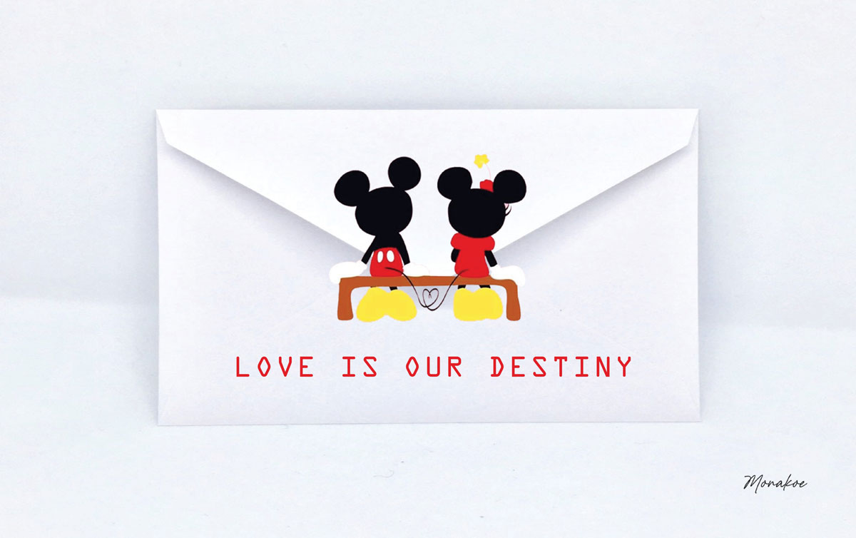 Enveloppe Mickey Minnie, Love is your destiny, Monakoe, imprimé sur Papier Beaux Arts contrecollé, Cadre Noir, 10 exemplaires, Dimension 36 x 57,5cm