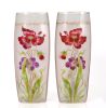 Pair of glass vases enameled with a floral design on a matte background. 