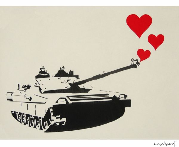 Tank de l'amour, Print d'après Banksy (after), épreuve en couleur, signé sur papier Arches dans la planche, cachet de l'éditeur numéroté sur 150, encadré avec certificat de l'éditeur, 28x38cm