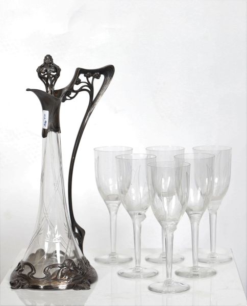 Six Lalique wine glasses and one Art Nouveau silver bronze decanter