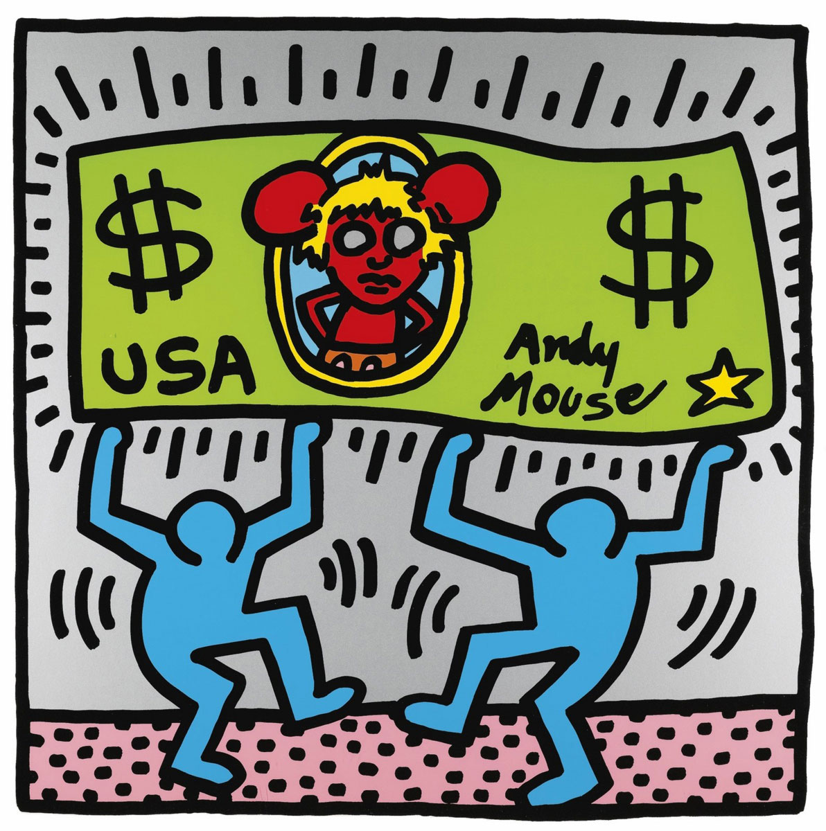 Mickey Dollars, Print, after Keith Haring, Color print signed on Arches paper in the plate, and stamp of the publisher numbered on 150, framed with certificate of the publisher, Dimensions 28x38 cm