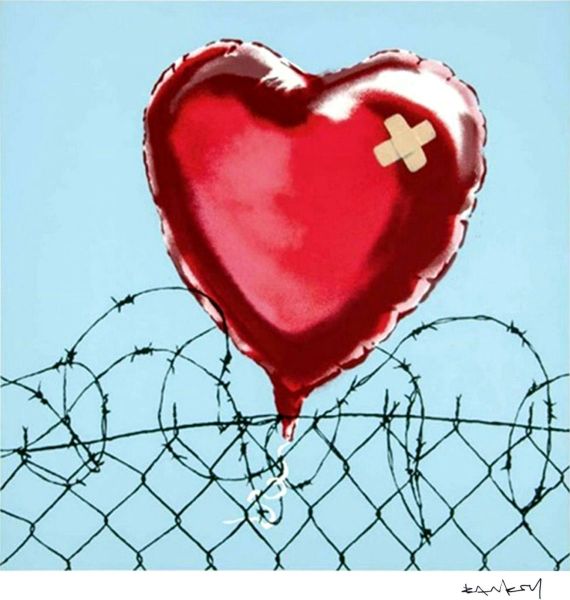 Love Hurts, Print after Banksy, color proof, signed on Arches paper in the plate, publisher's stamp numbered on 150, framed with publisher's certificate, 28x38cm