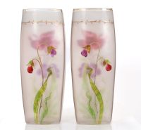 Pair of glass vases enameled with a floral design on a matte background. 