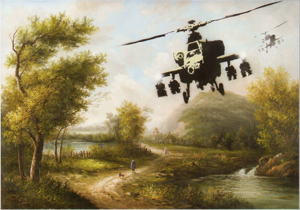 Helicopter Countryside, Print d'après Banksy (after), épreuve en couleur, signé sur papier Arches dans la planche, cachet de l'éditeur numéroté sur 150, encadré avec certificat de l'éditeur, 28x38cm