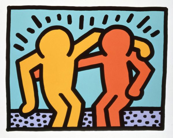 Best Buddies (1990), Print, after Keith Haring, Color print signed on Arches paper in the plate, and publisher's stamp numbered on 150, framed with publisher's certificate, Dimensions 28x38 cm