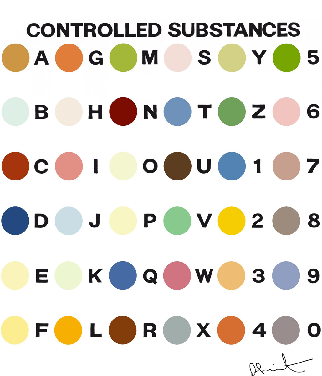 Controlled-Substance-Key Spot Print (1994), Print d'après Damien Hirst, épreuve en couleur, signé sur papier Arches dans la planche, cachet de l'éditeur numéroté sur 150, encadré avec certificat de l'éditeur, 28x38cm