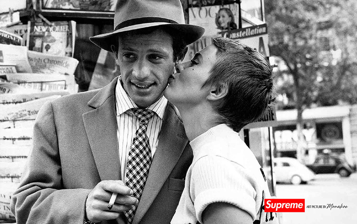 Belmondo, Godard, Supreme by Monakoe, Photo imprimée sur papier brillant, Finition argentique, livré encadré, Taille photo 44,5x28, Taille cadre 54,5x38 cm (passe partout blanc), édité en 5 exemplaires