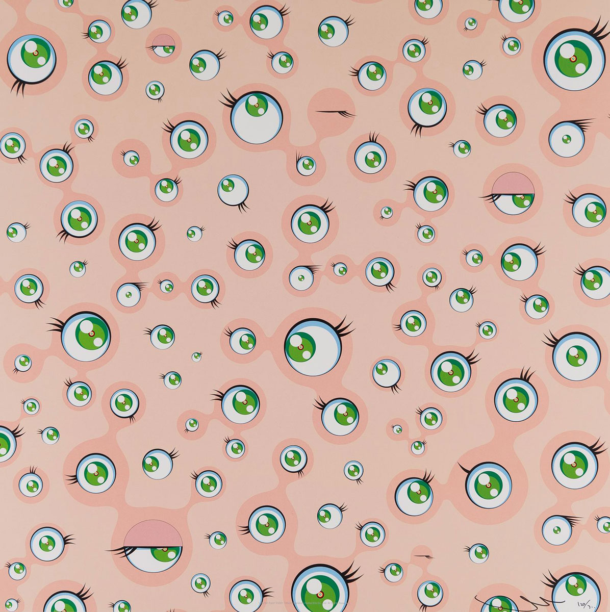 Jellyfish Eyes Pink (2011), Print d'après Takashi Murakami, épreuve en couleur, signé sur papier Arches dans la planche, cachet de l'éditeur numéroté sur 150, encadré avec certificat de l'éditeur, 28x38cm