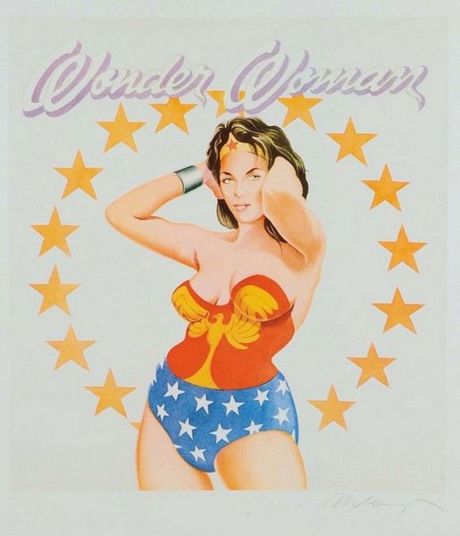 Wonder Woman, Print d'après Mel Ramos, épreuve en couleur, signé sur papier Arches dans la planche, cachet de l'éditeur numéroté sur 150, encadré avec certificat de l'éditeur, 28x38cm