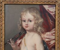 Adorable peinture à l’huile sur toile représentant un enfant violoniste. 