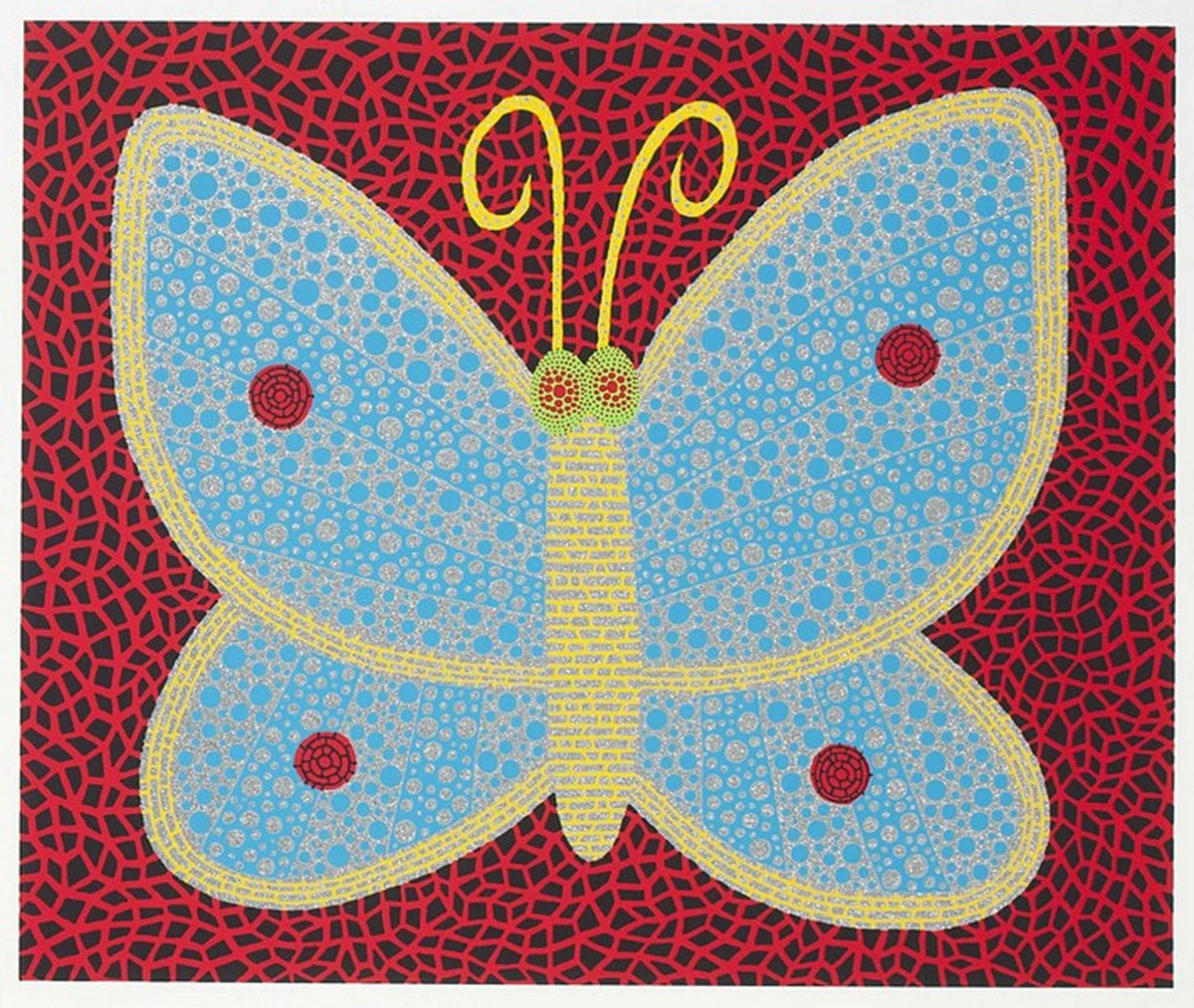 Butterfly (2000), Print, d'après Yayoi Kuzama, Épreuve en couleur signée sur papier Arches dans la planche, et cachet de l’éditeur numéroté sur 150, encadré avec certificat de l’éditeur, Dimensions 28x38 cm