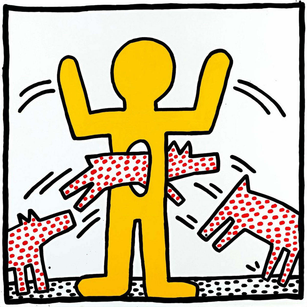 Yellow Figure, Print, after Keith Haring, Color print signed on Arches paper in the plate, and publisher's stamp numbered on 150, framed with publisher's certificate, Dimensions 28x38 cm