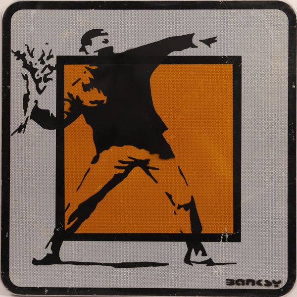 Banksy (d'aprés) - Impression au pochoir sur panneau de signalisation - The famous Flower Thrower.