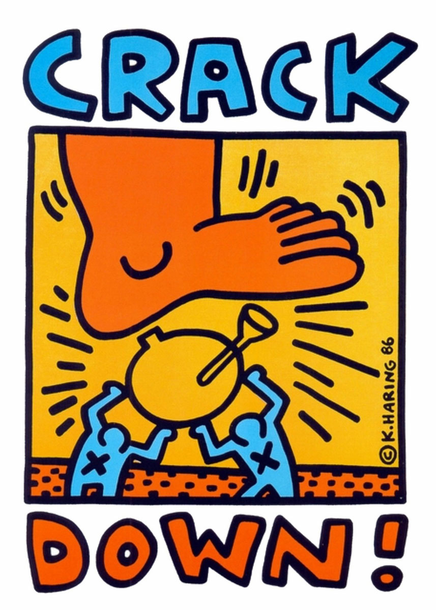 Crack Down (1986), Print, after Keith Haring, Color print signed on Arches paper in the plate, and publisher's stamp numbered on 150, framed with publisher's certificate, Dimensions 28x38 cm