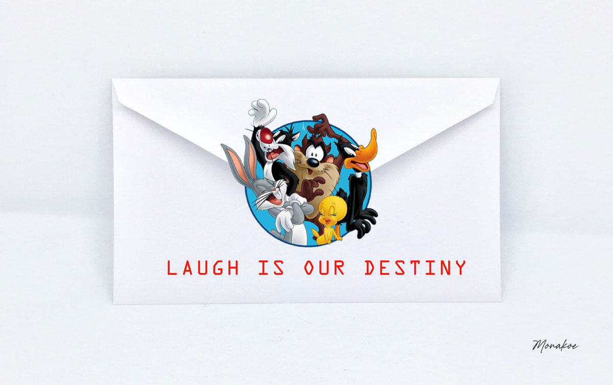 Looney Tunes 3 Envelope, Laugh is your destiny, Monakoe, printed on Fine Art Paper, Black Frame, 10 copies, Dimension 36 x 57,5cm