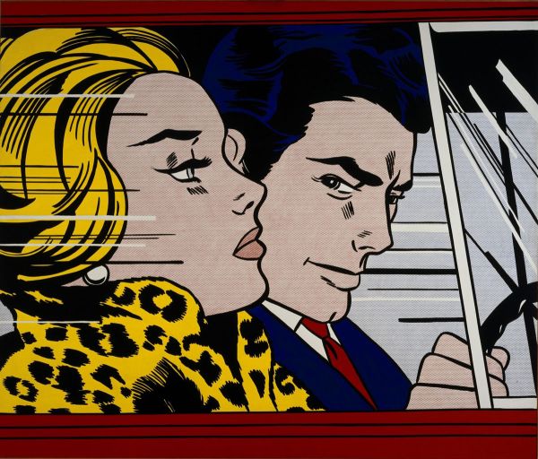 In the Car (1963), Print d'après Roy Lichtenstein, épreuve en couleur, signé sur papier Arches dans la planche, cachet de l'éditeur numéroté sur 150, encadré avec certificat de l'éditeur, 28x38cm