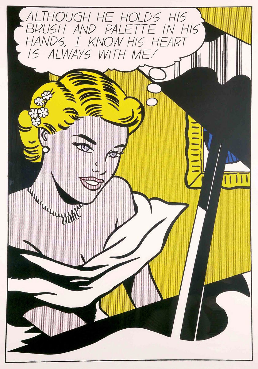 Girl at Piano (1963), Print d'après Roy Lichtenstein, épreuve en couleur, signé sur papier Arches dans la planche, cachet de l'éditeur numéroté sur 150, encadré avec certificat de l'éditeur, 28x38cm