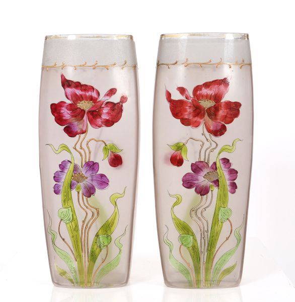 Pair of glass vases enameled with a floral design on a matte background. 