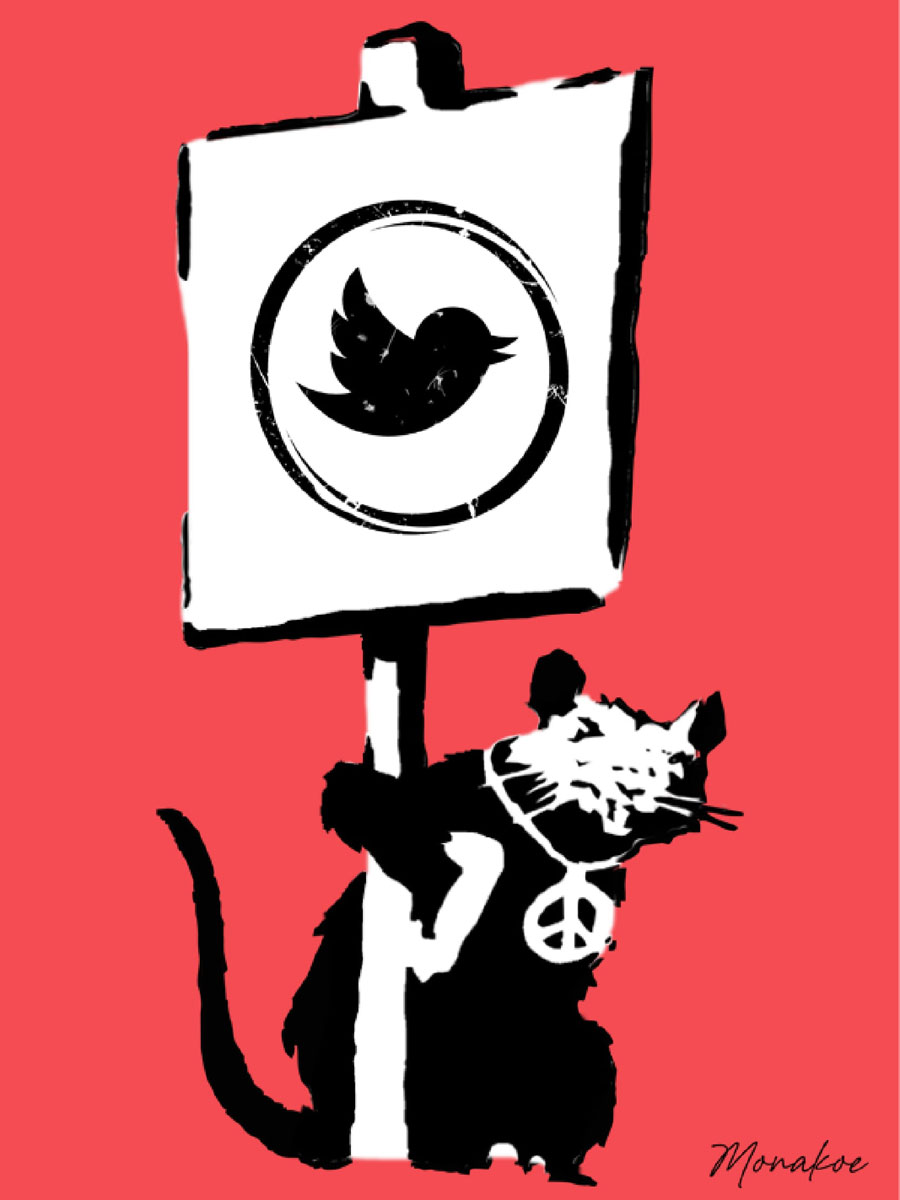 Twitter Rat, inspriré du personnage de Banksy, Monakoe, Finition verre acrylique print, encadré en caisse Américaine, 6 exemplaires, Dimension 60 x 80 cm